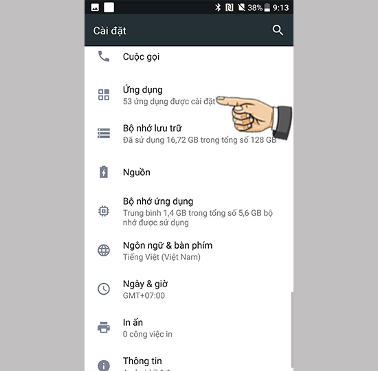 Vào cài đặt